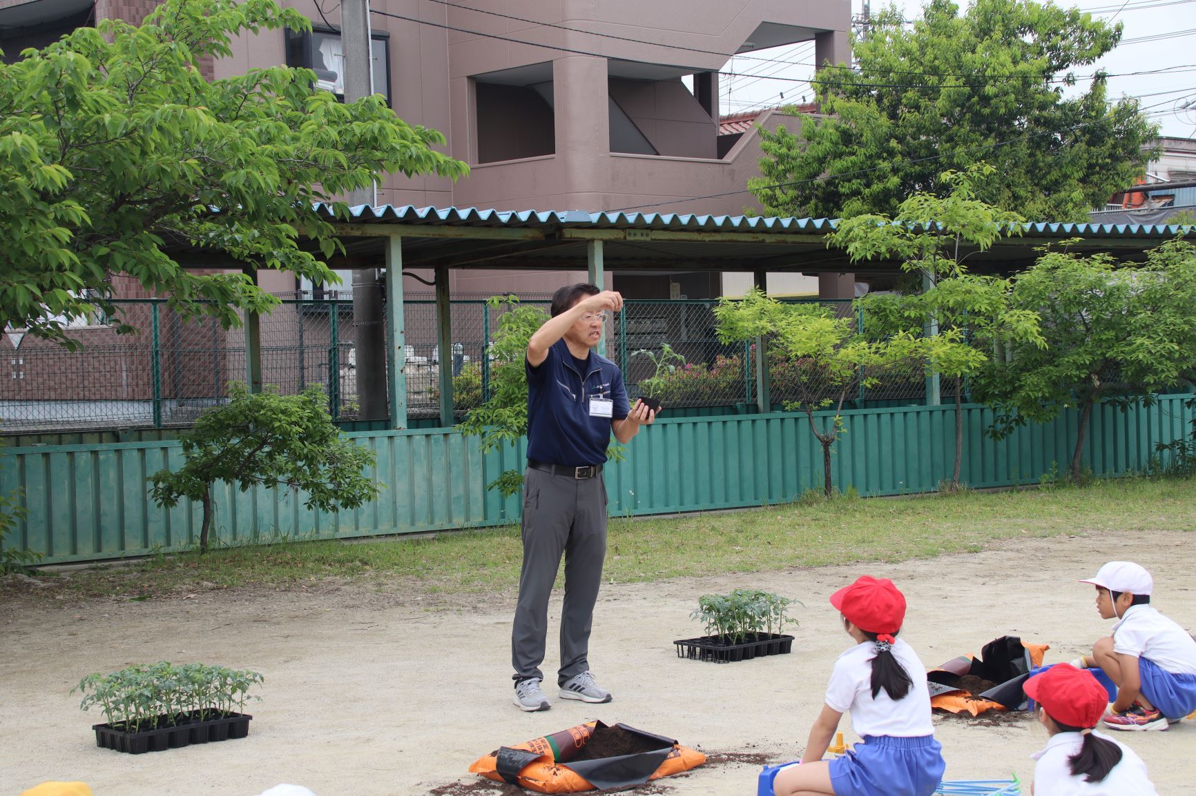 蟹江小学校へ出前授業　ミニトマトの定植体験を開催